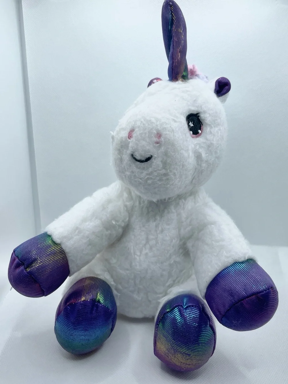 White Unicorn Plush with Iridescent Purple Hooves and Horn Sz Small